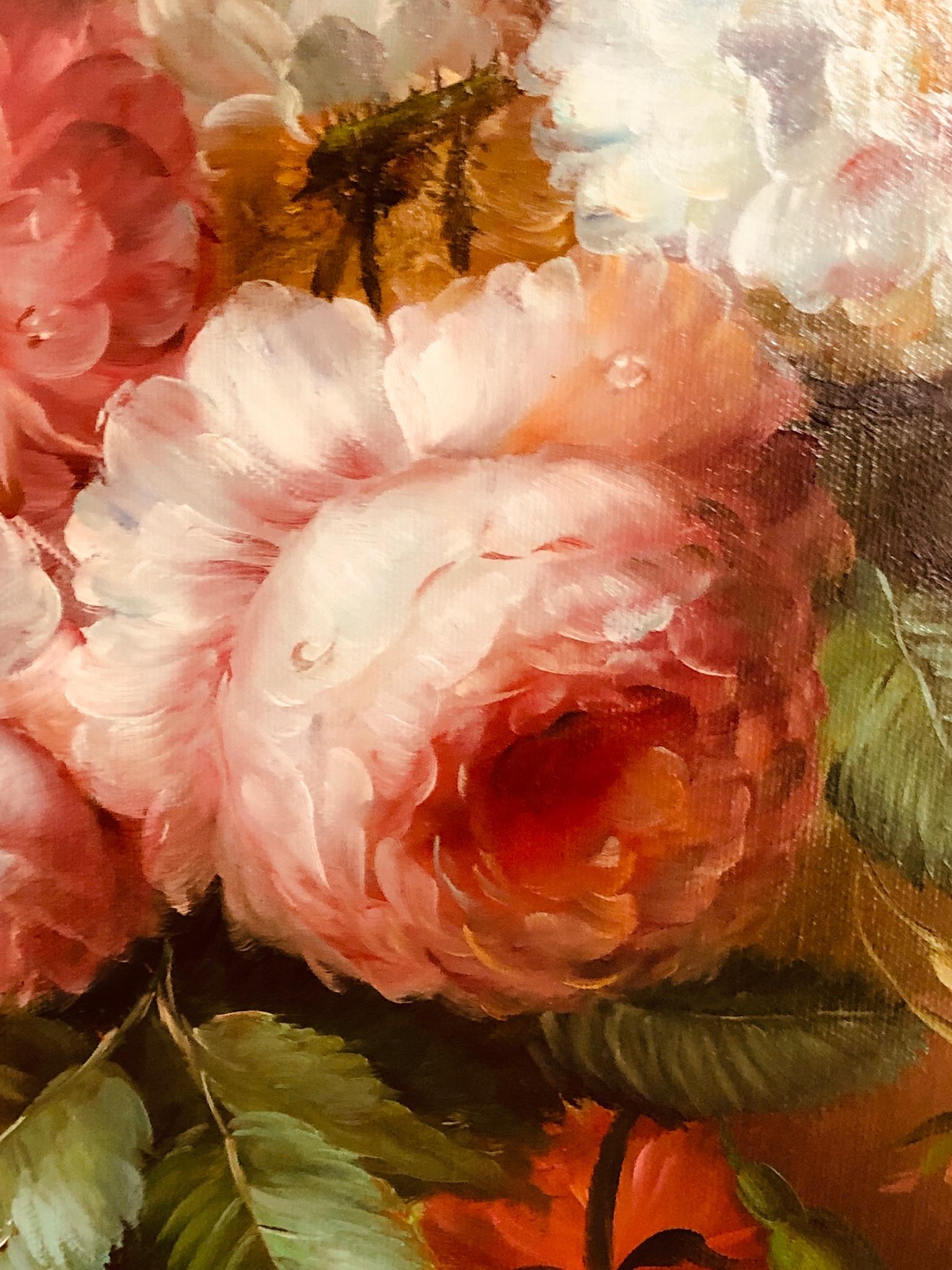 Painted Classical Large Dutch Colonial Floral Still Life Oil Painting, 20th Century For Sale