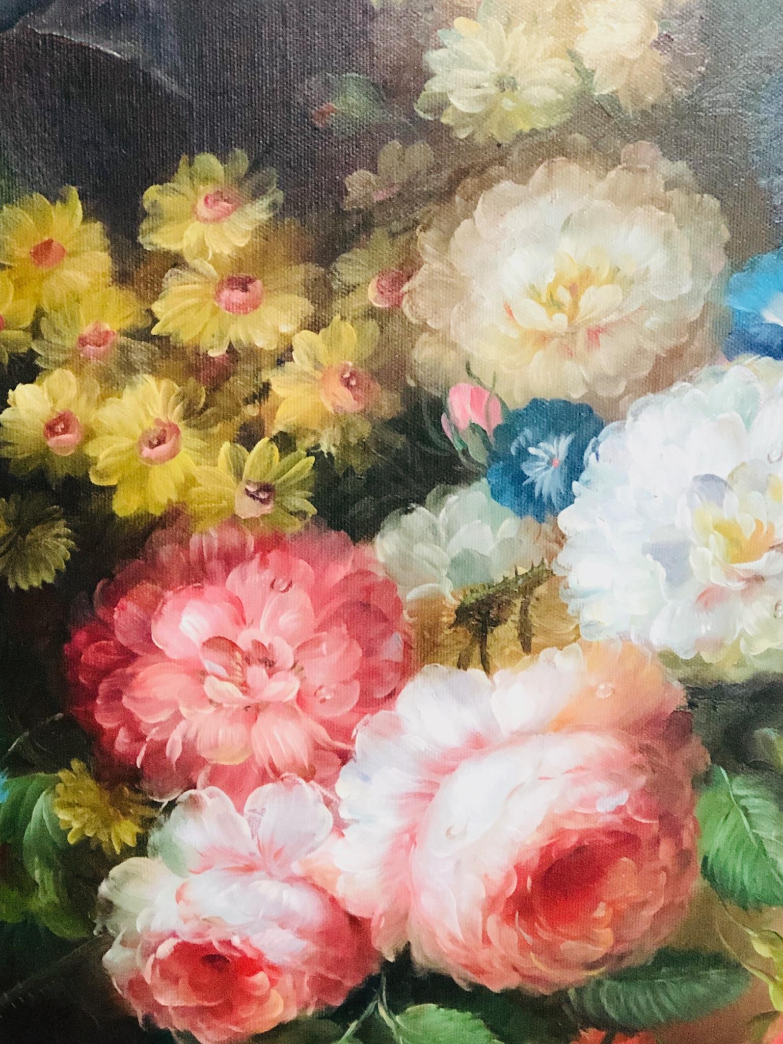 Classical Large Dutch Colonial Floral Still Life Oil Painting, 20th Century In Good Condition For Sale In Fort Lauderdale, FL