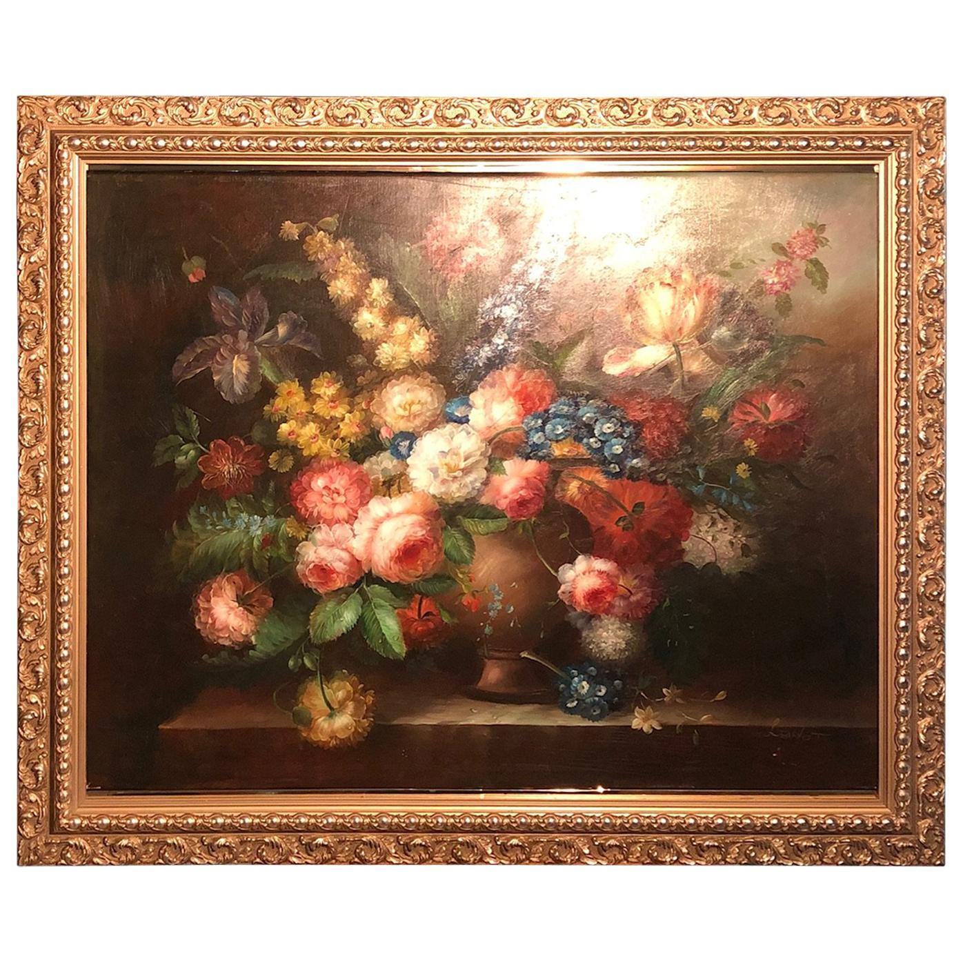 Classical Large Dutch Colonial Floral Still Life Oil Painting, 20th Century For Sale