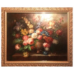 Retro Classical Large Dutch Colonial Floral Still Life Oil Painting, 20th Century