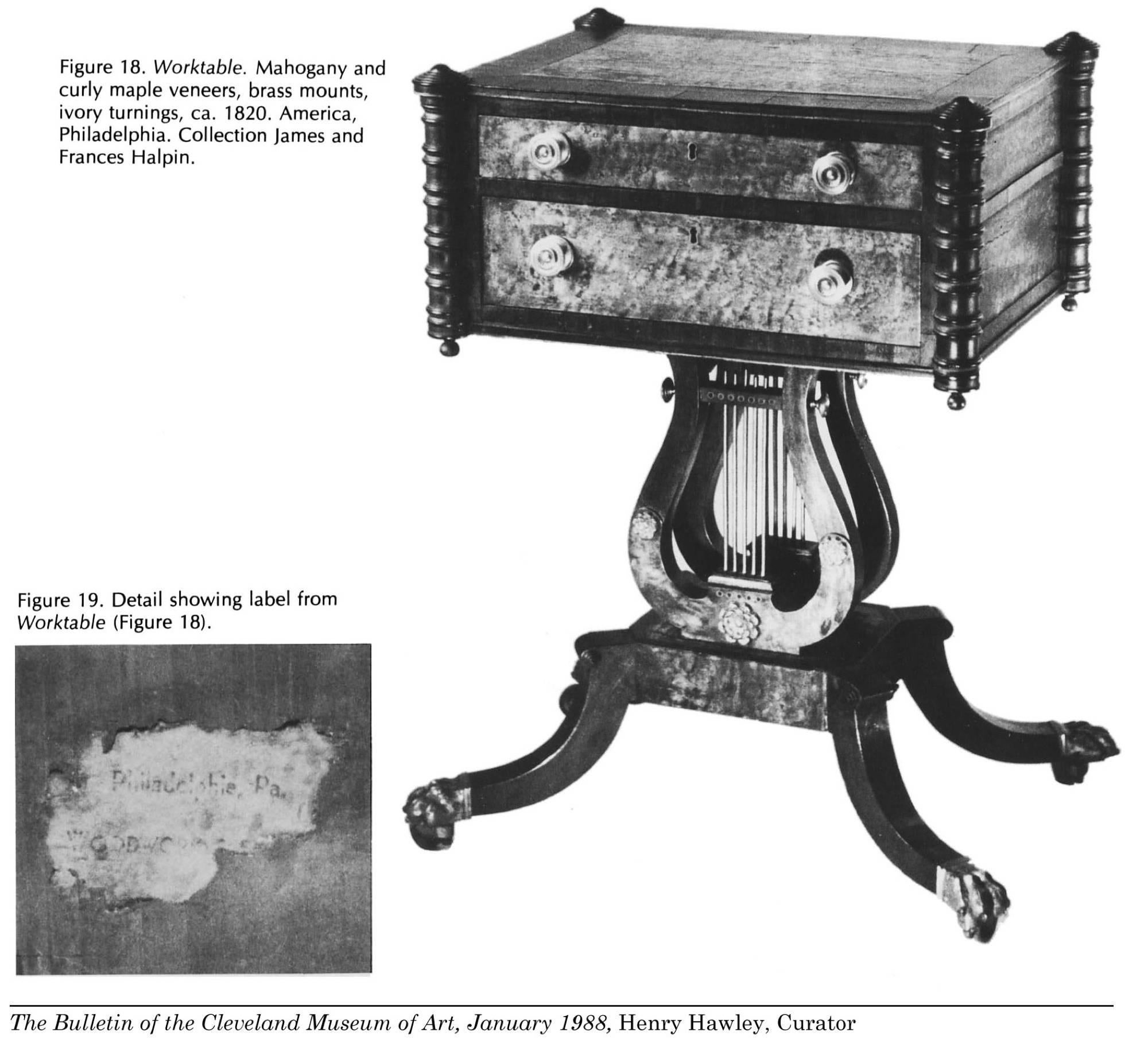 Classical Mahogany Lyre Worktable, Philadelphia, Original Glass Pulls circa 1820 For Sale 4