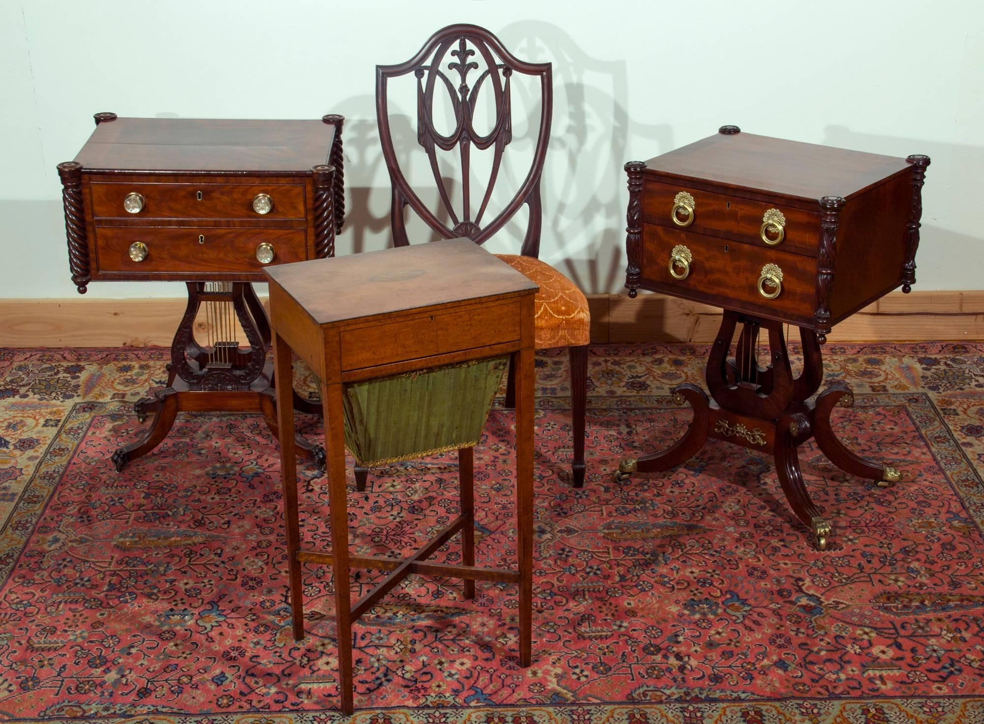 Classical Mahogany Lyre Worktable, Philadelphia, Original Glass Pulls circa 1820 For Sale 6