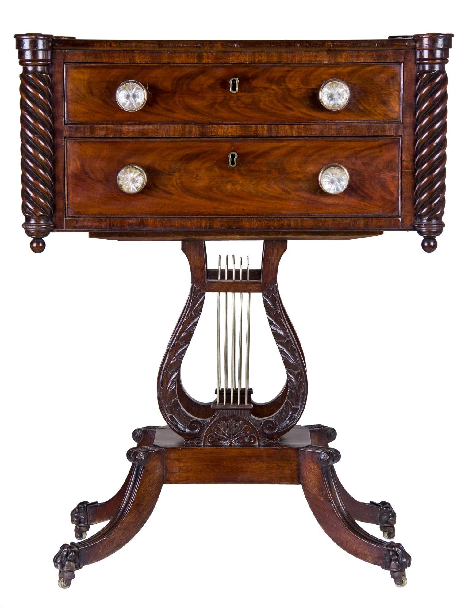This worktable relates to a group of lyre work tables produced primarily in Philadelphia. One documented example retains its maker’s label, but other shops may or may not have reinterpreted the model. The primary research on this form was conducted