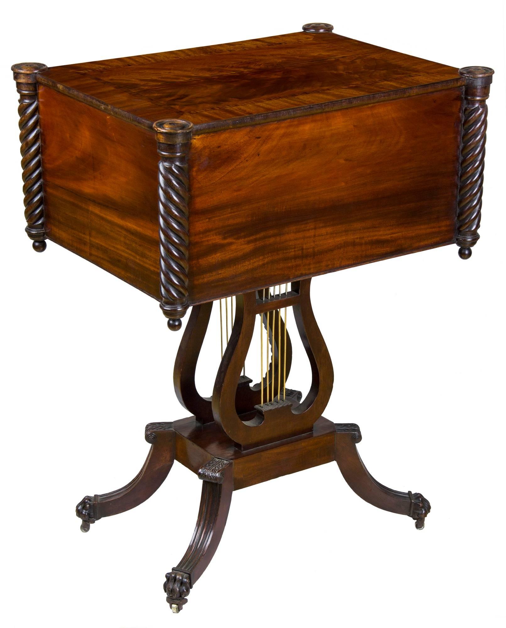 Neoclassical Classical Mahogany Lyre Worktable, Philadelphia, Original Glass Pulls circa 1820 For Sale