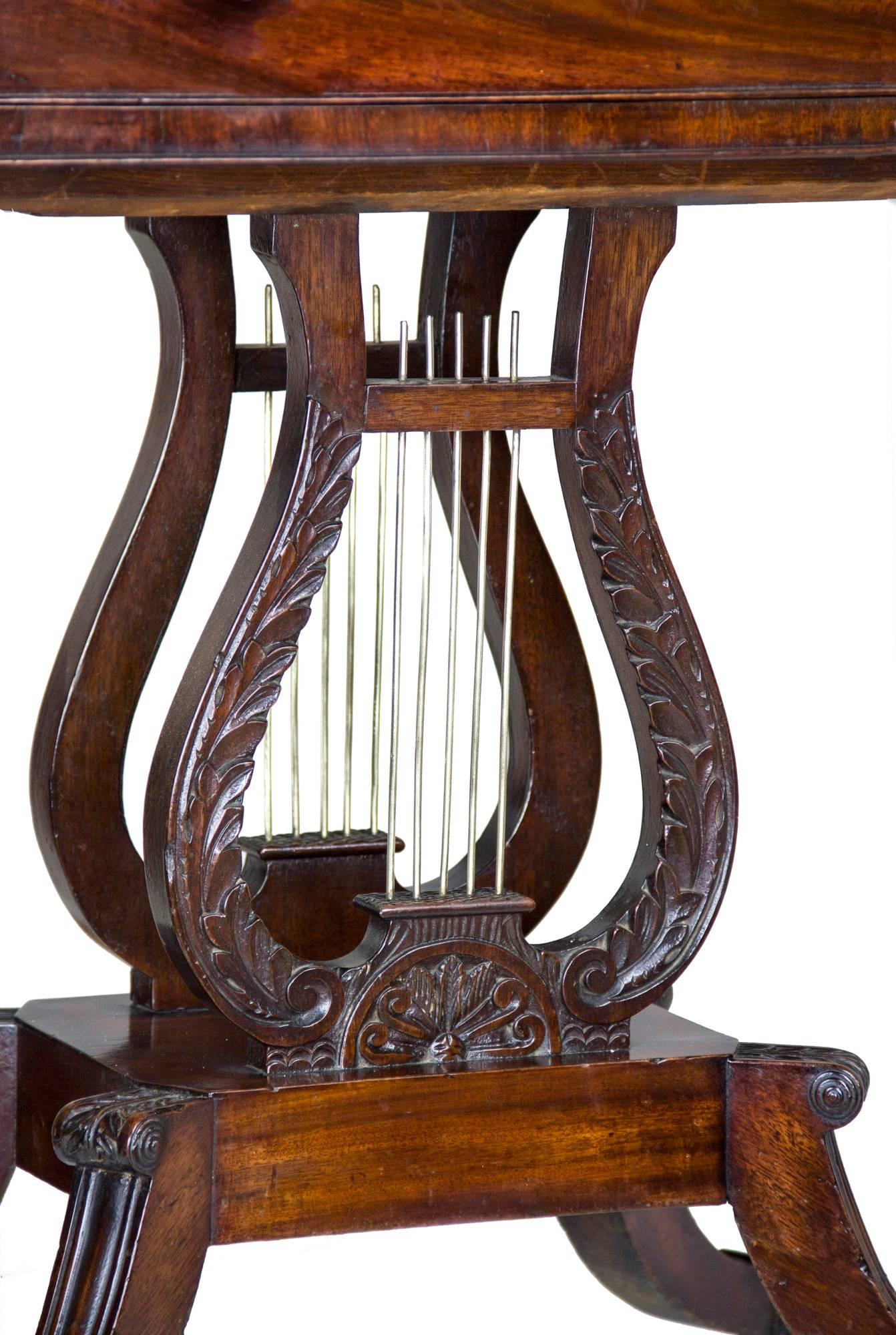 American Classical Mahogany Lyre Worktable, Philadelphia, Original Glass Pulls circa 1820 For Sale