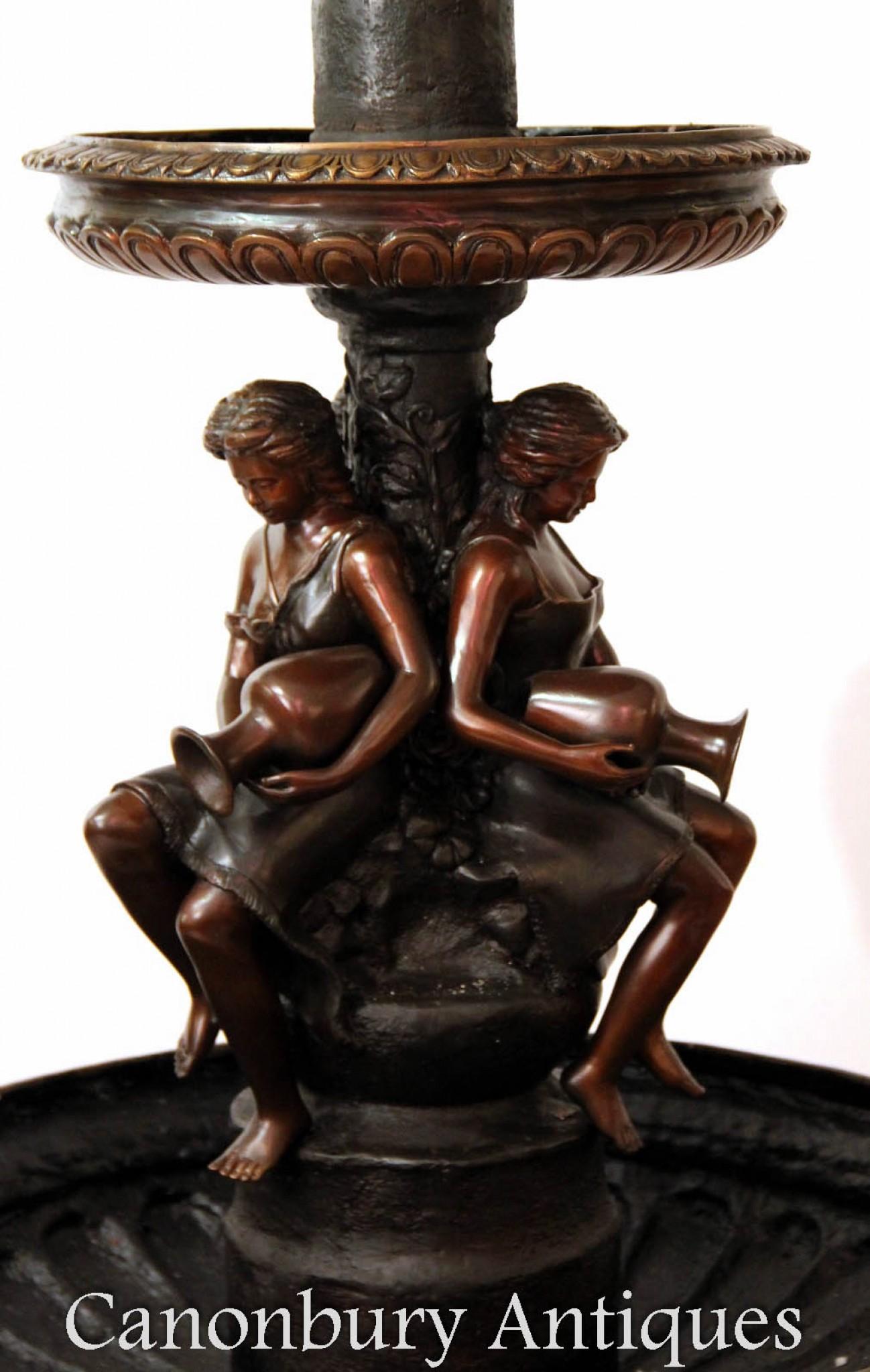 Cute French bronze garden fountain
Two tiers, first tier features the classical maidens with Amphora urns
Great patina to the bronze
Can you imagine this configured and flowing with water?
Bought from an architectural salvage company at Paris