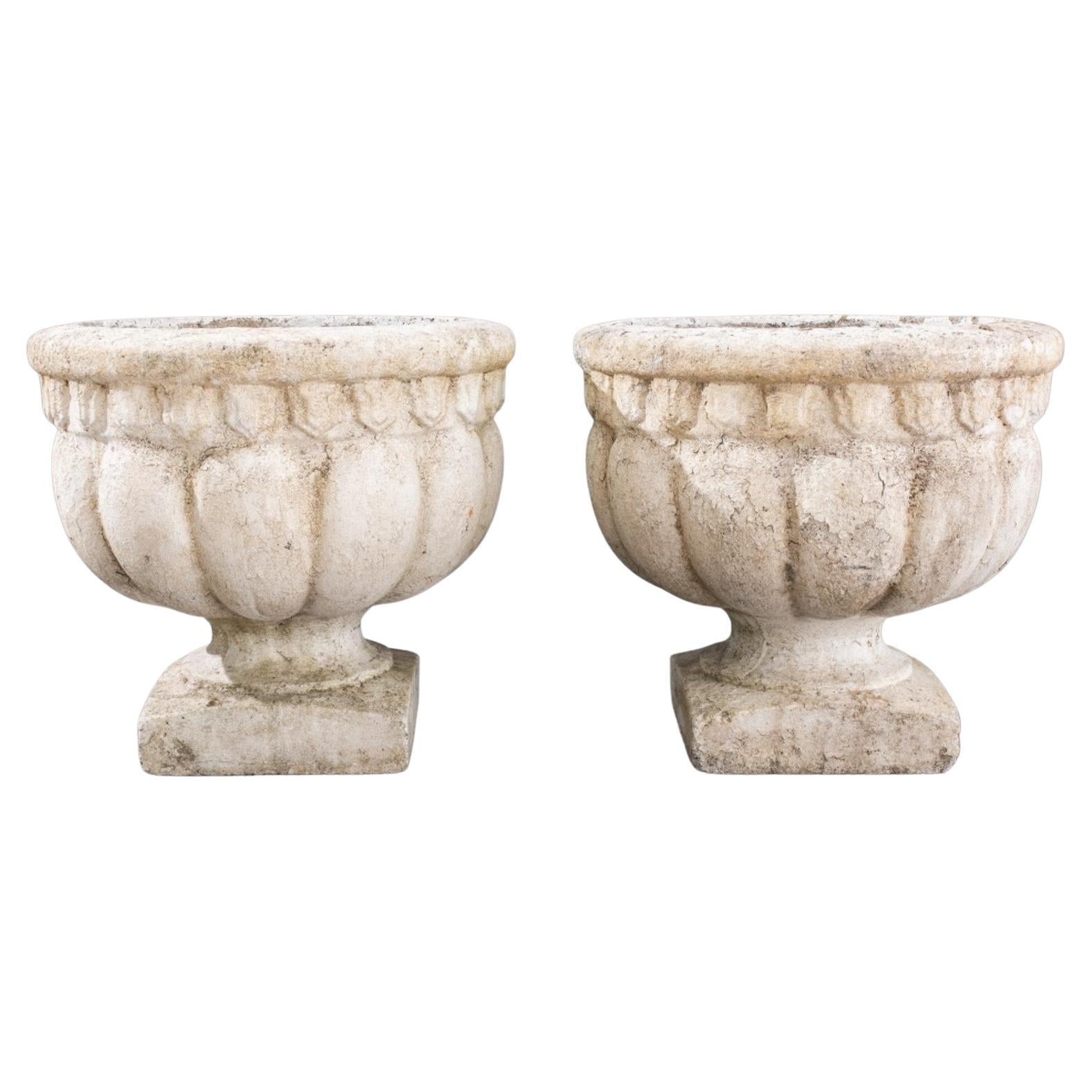 Classical Manner White Painted Cast Stone Urns, Pair