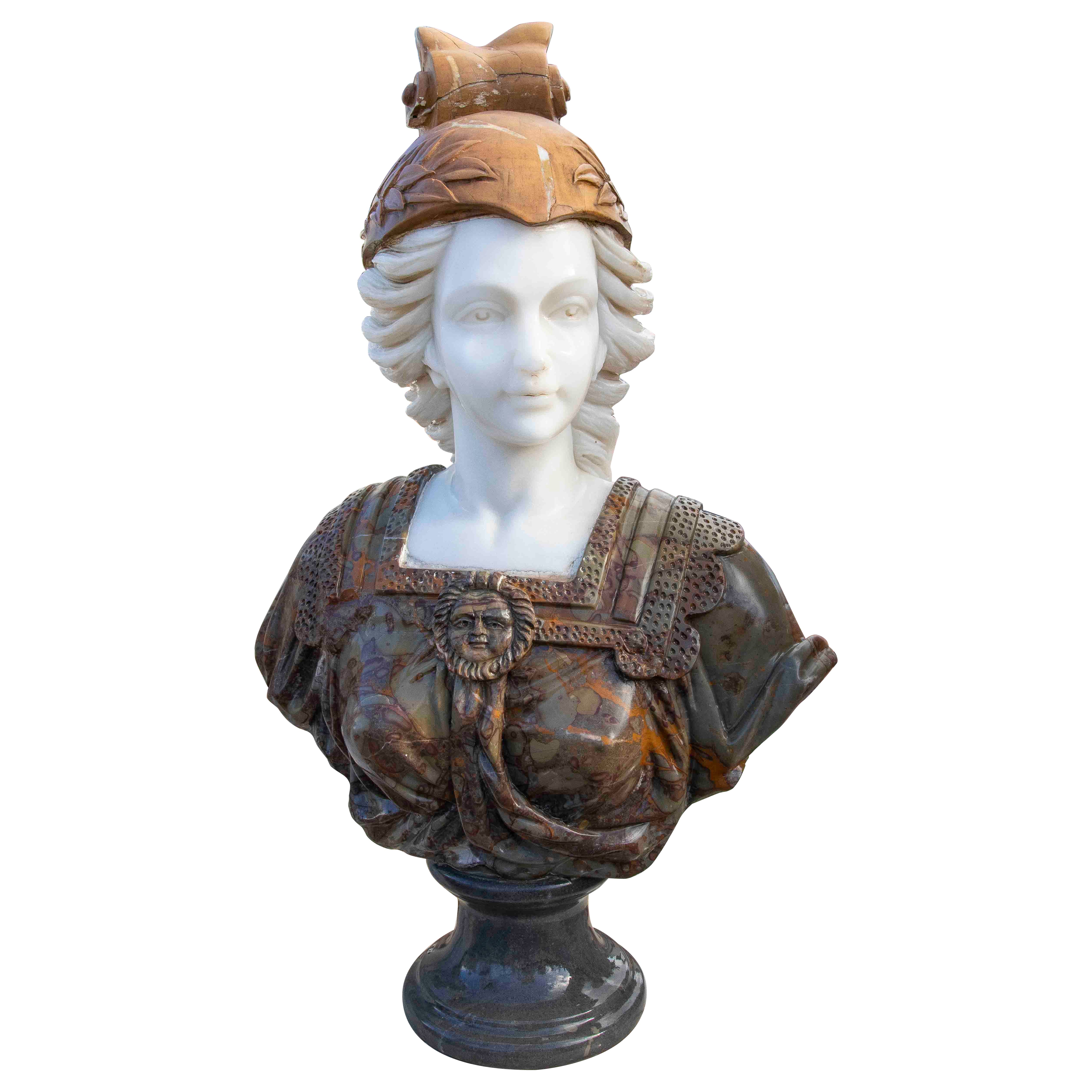 Busto clásico de mármol de figura femenina con casco, Tres tonos, 1990 en venta