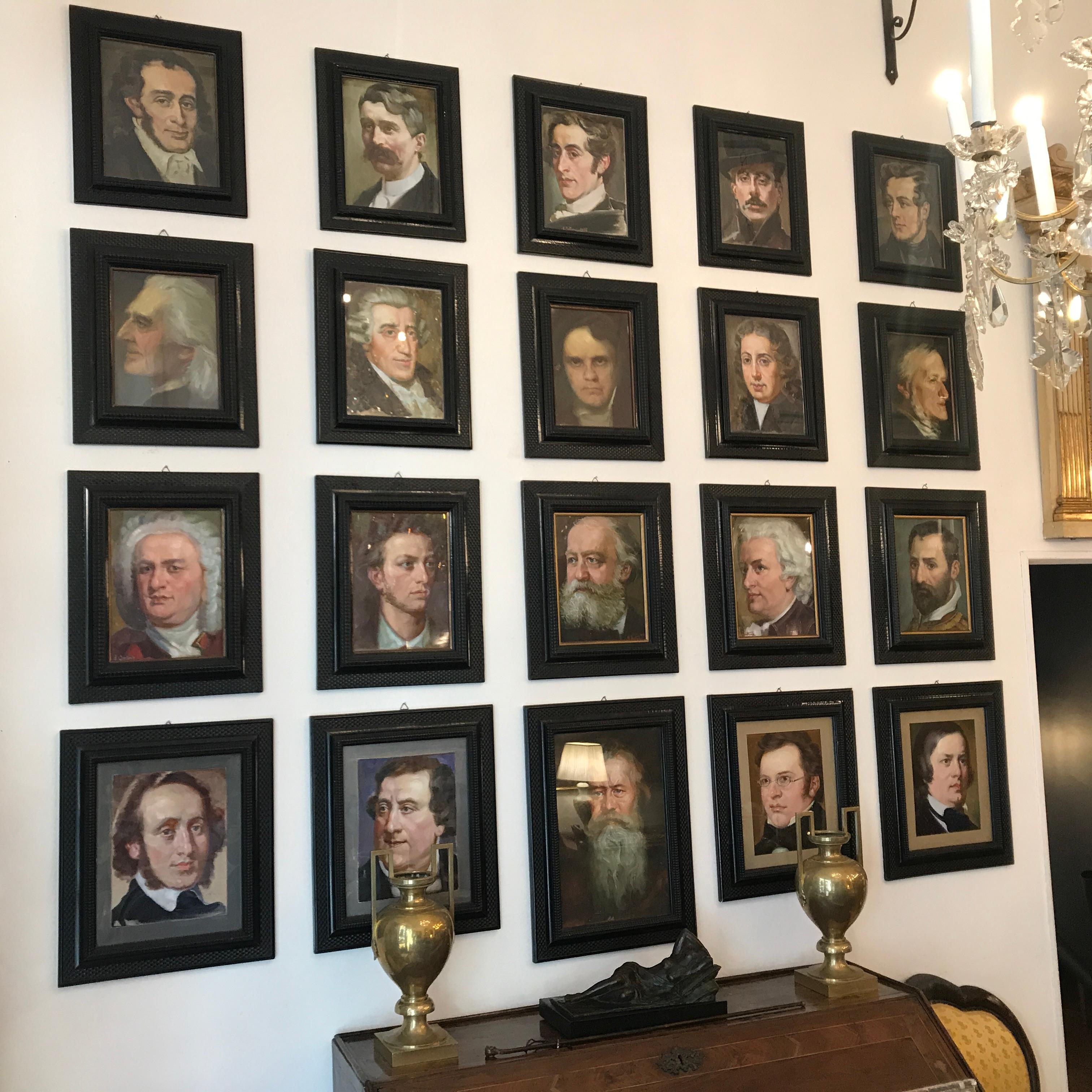 From Italy, a unique collection of 20 oil on canvas portraits paintings of the greatest European classical music composers, such as Bach, Brahms, Haydn, Gluck, Schumann, Schubert, Dvorak, Mendelssohn, Wagner, Monteverdi, Puccini, Rossini. This
