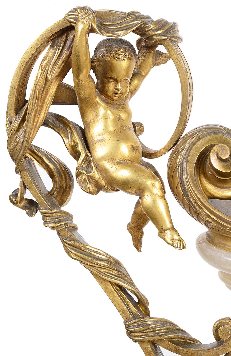A very impressive good quality late 19th century French white onyx and gilded ormolu ewer. Having three cherubs around it, one swinging, one in thought the other playing with a swan. Measures: 60cm (24