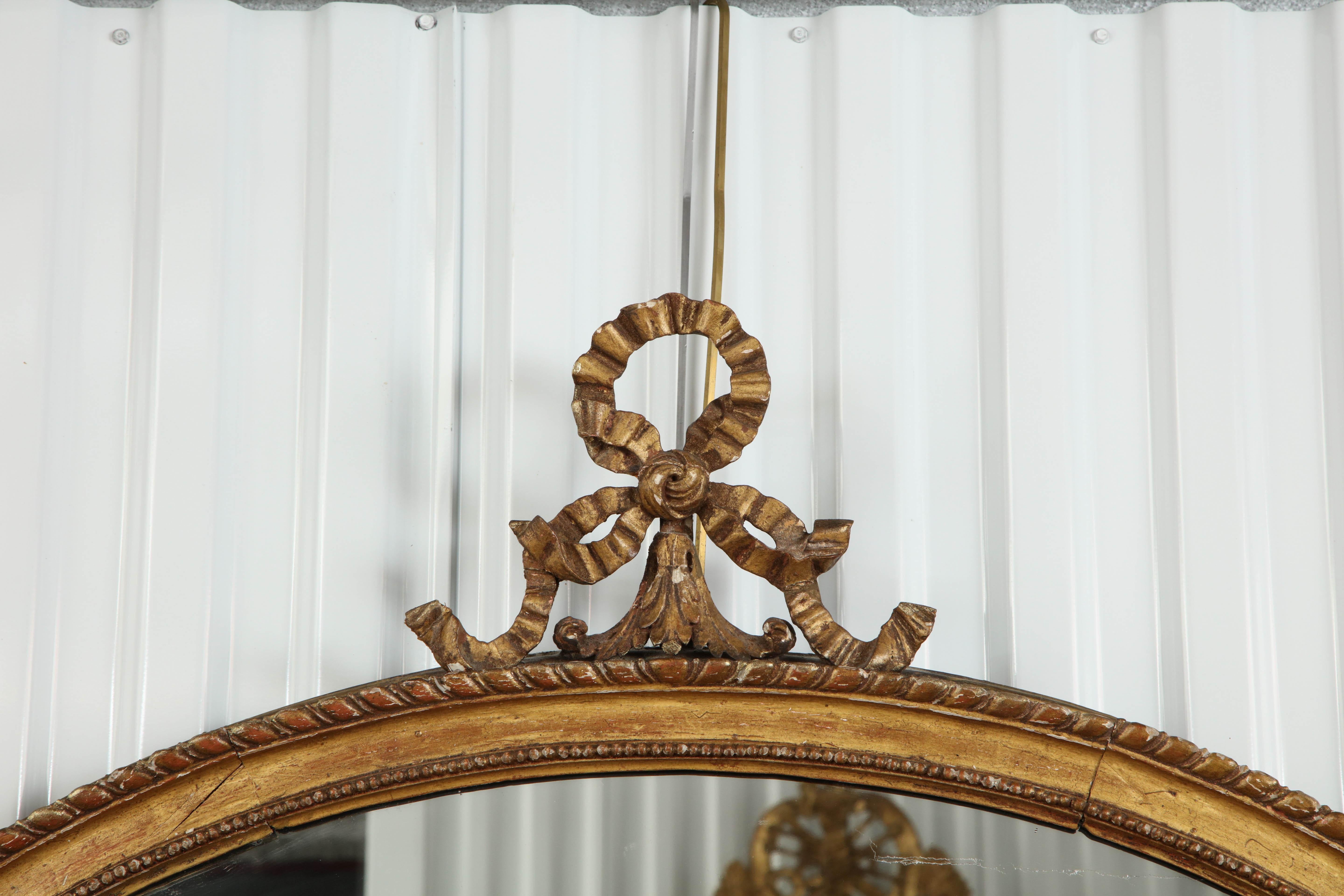 An English classical oval giltwood mirror with carved ribbon bw knot and crown.