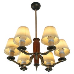 Klassische Paavo Tynell Pendelleuchte Model 1355 aus Messing, Saiten und Birke, Taito 1930s