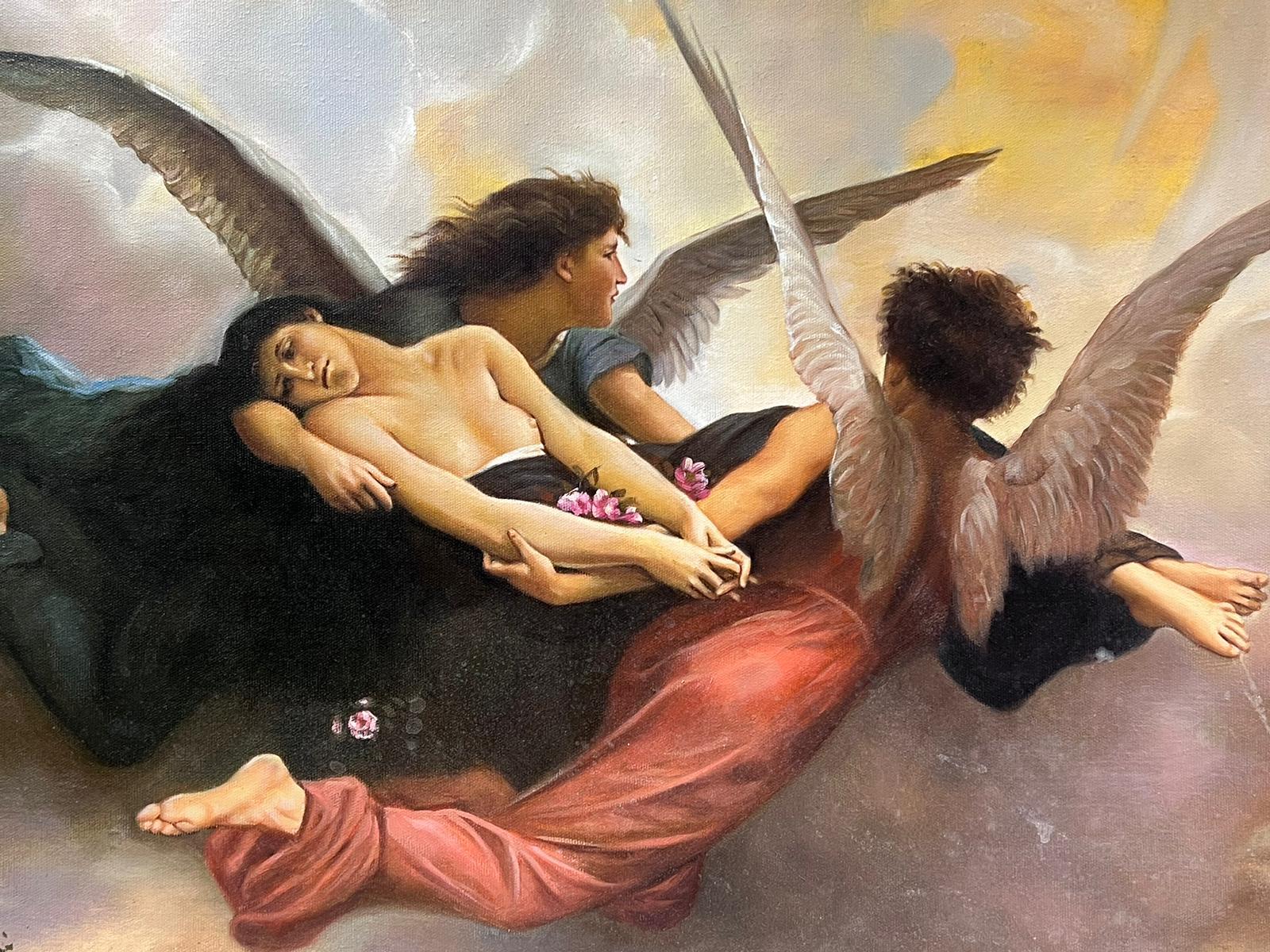 Großes mythologisches klassisches Ölgemälde geflügelter Engel mit nackter Figur im Himmel – Painting von Classical