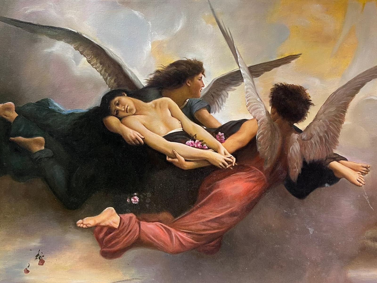 Großes mythologisches klassisches Ölgemälde geflügelter Engel mit nackter Figur im Himmel (Barock), Painting, von Classical