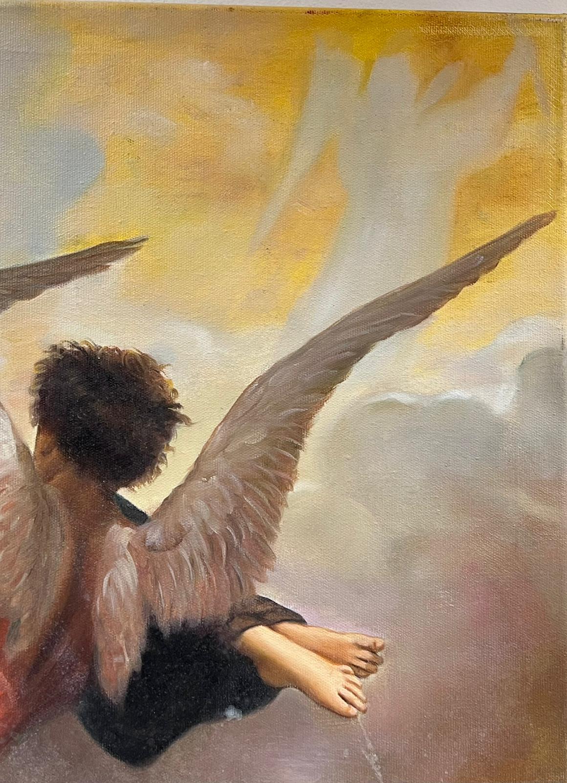 Large Mythological Classical Oil Painting Winged Angels with Naked Figure in Sky For Sale 3