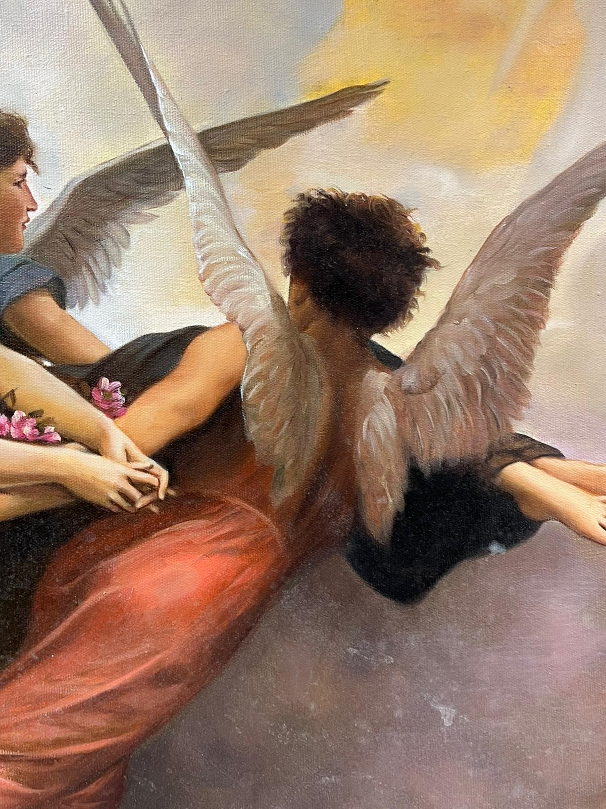 Großes mythologisches klassisches Ölgemälde geflügelter Engel mit nackter Figur im Himmel im Angebot 2