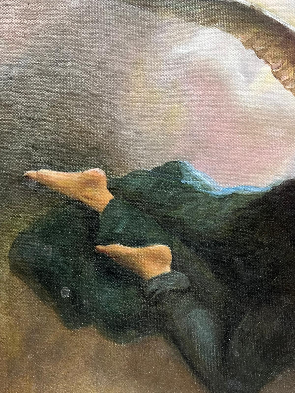 Grande dipinto ad olio mitologico classico Angeli alati con figura nuda nel cielo in vendita 2