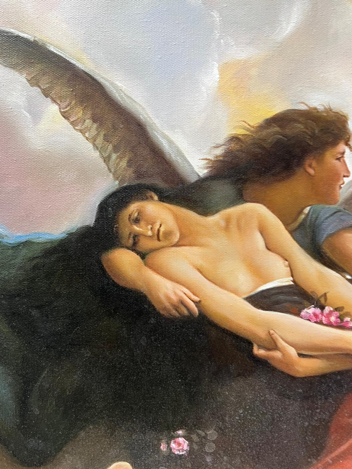 Grande dipinto ad olio mitologico classico Angeli alati con figura nuda nel cielo in vendita 3