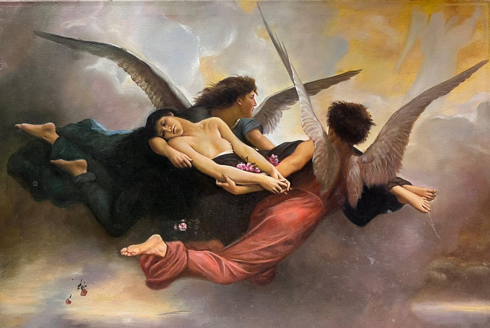 Classical Figurative Painting – Großes mythologisches klassisches Ölgemälde geflügelter Engel mit nackter Figur im Himmel
