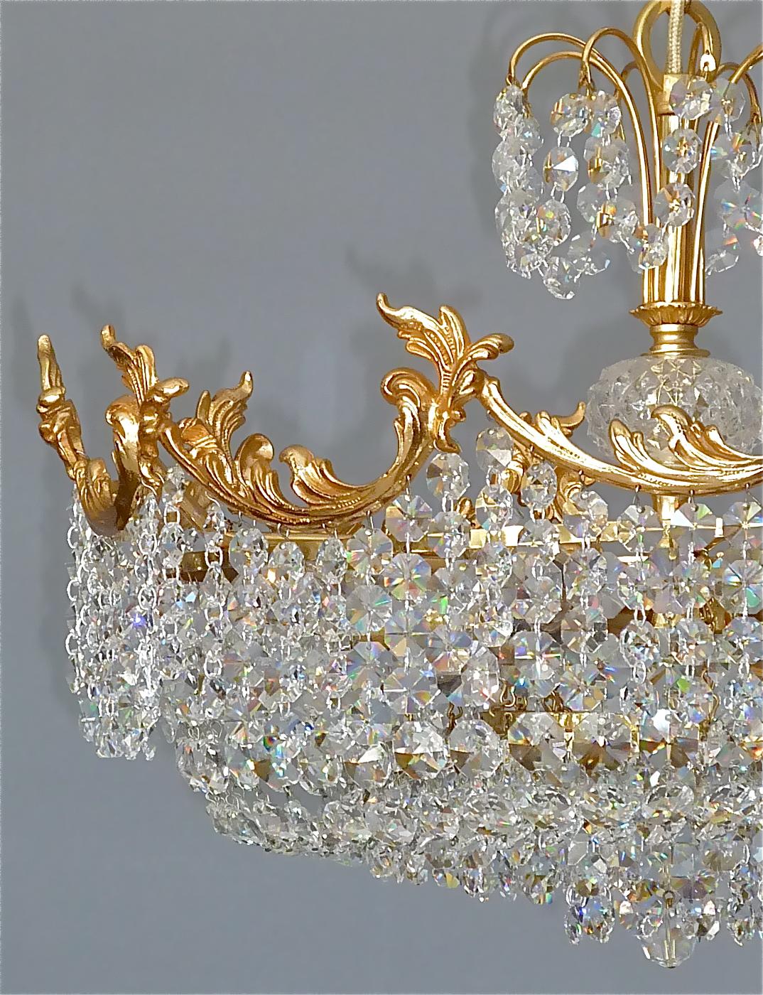 German Classical Palwa Chandelier Gilt Brass Faceted Crystal Glass, 1960s Rococo Style  For Sale
