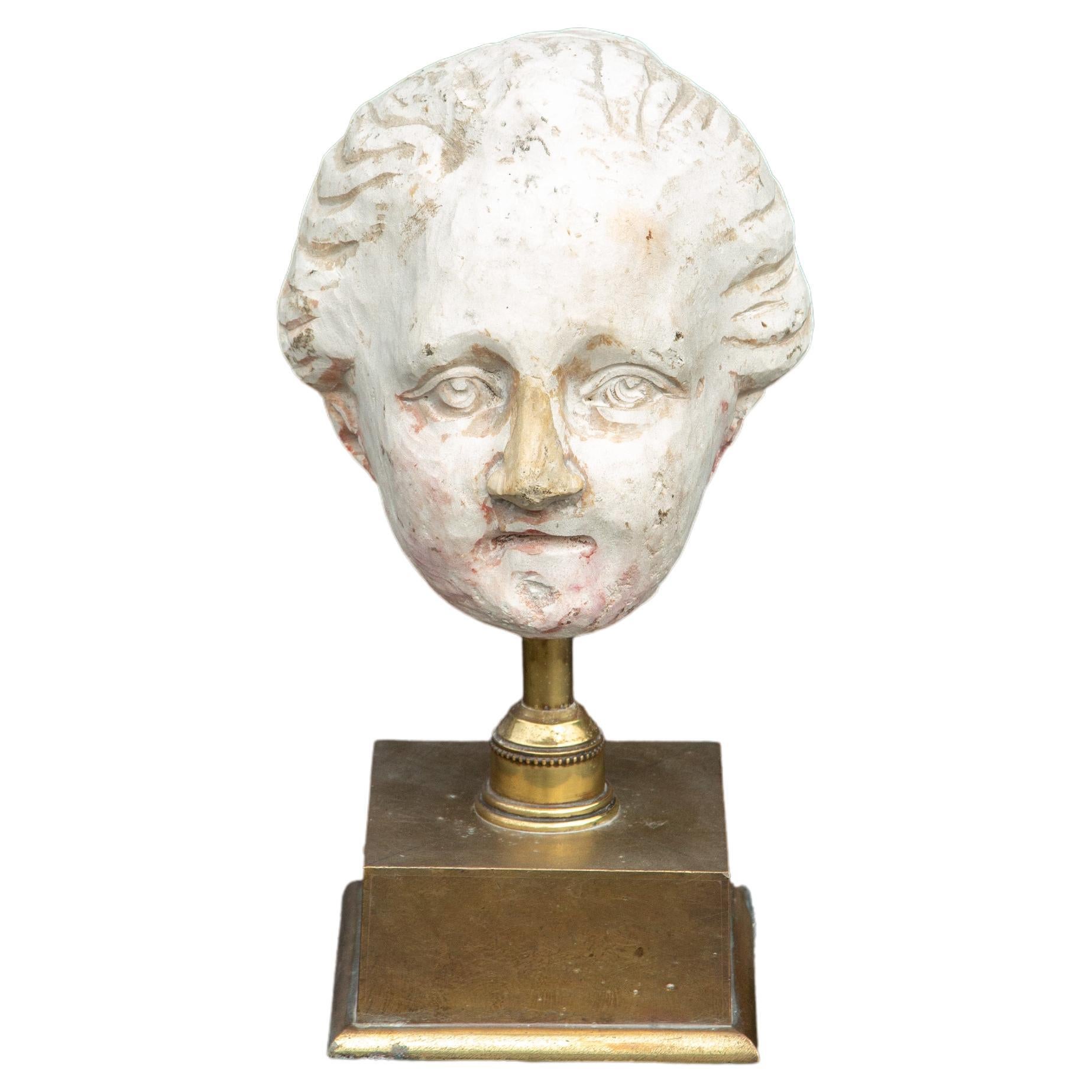Classical Plaster Head of a Woman on a Brass Base For Sale