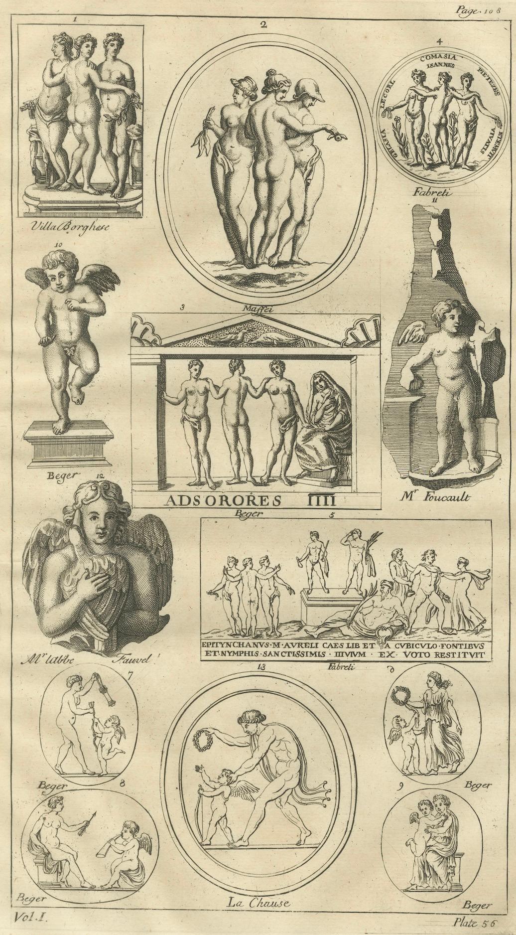 Classical Putti and Three Graces Engraving, Montfaucon Antiquité Expliquée 1721