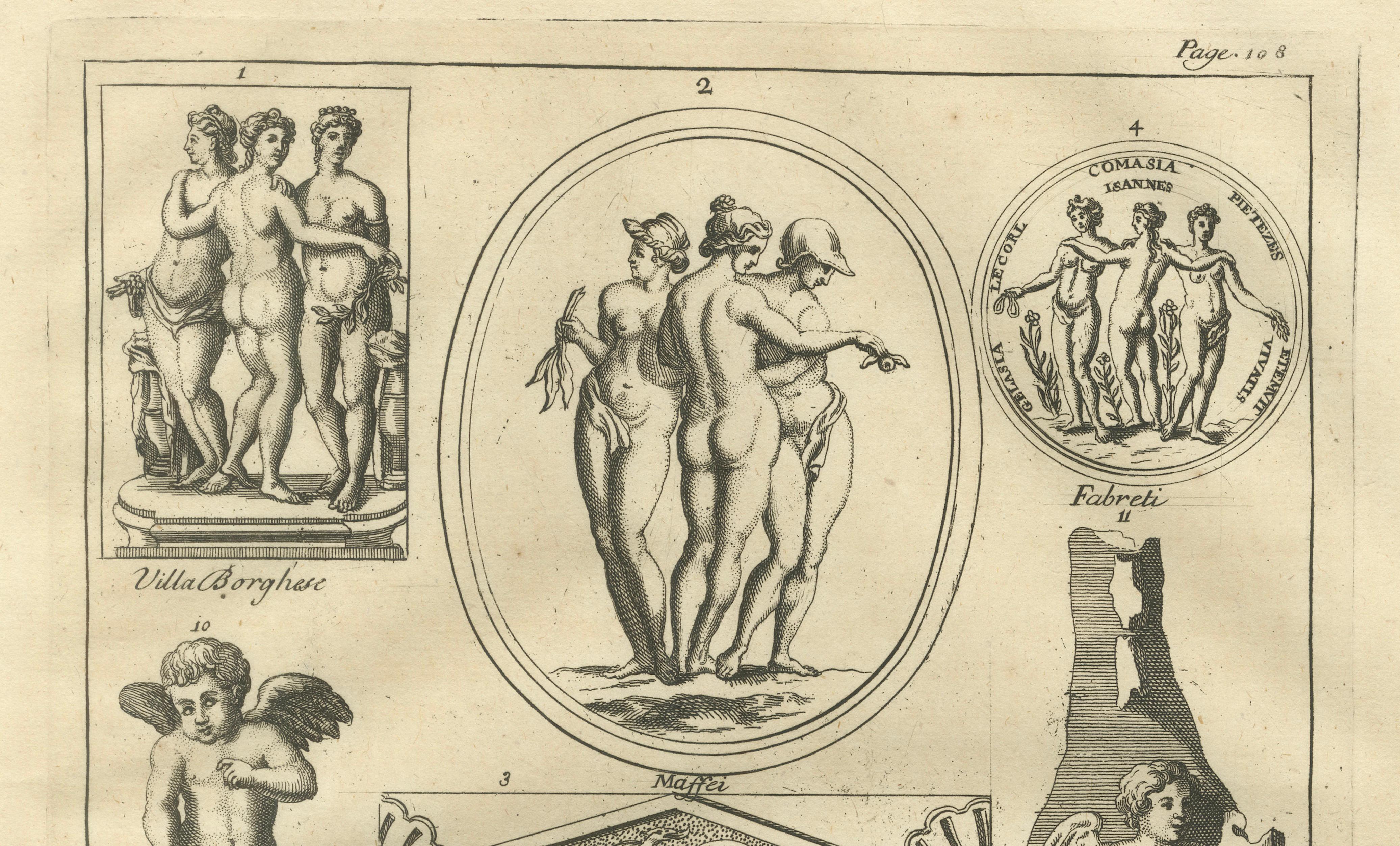 Classical Putti and Three Graces Engraving, Montfaucon Antiquité Expliquée 1721