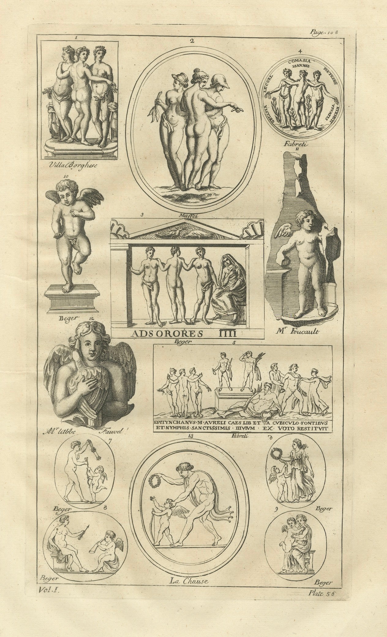 Incisione di Putti classici e tre grazie, Montfaucon Antiquité Expliquée 1721