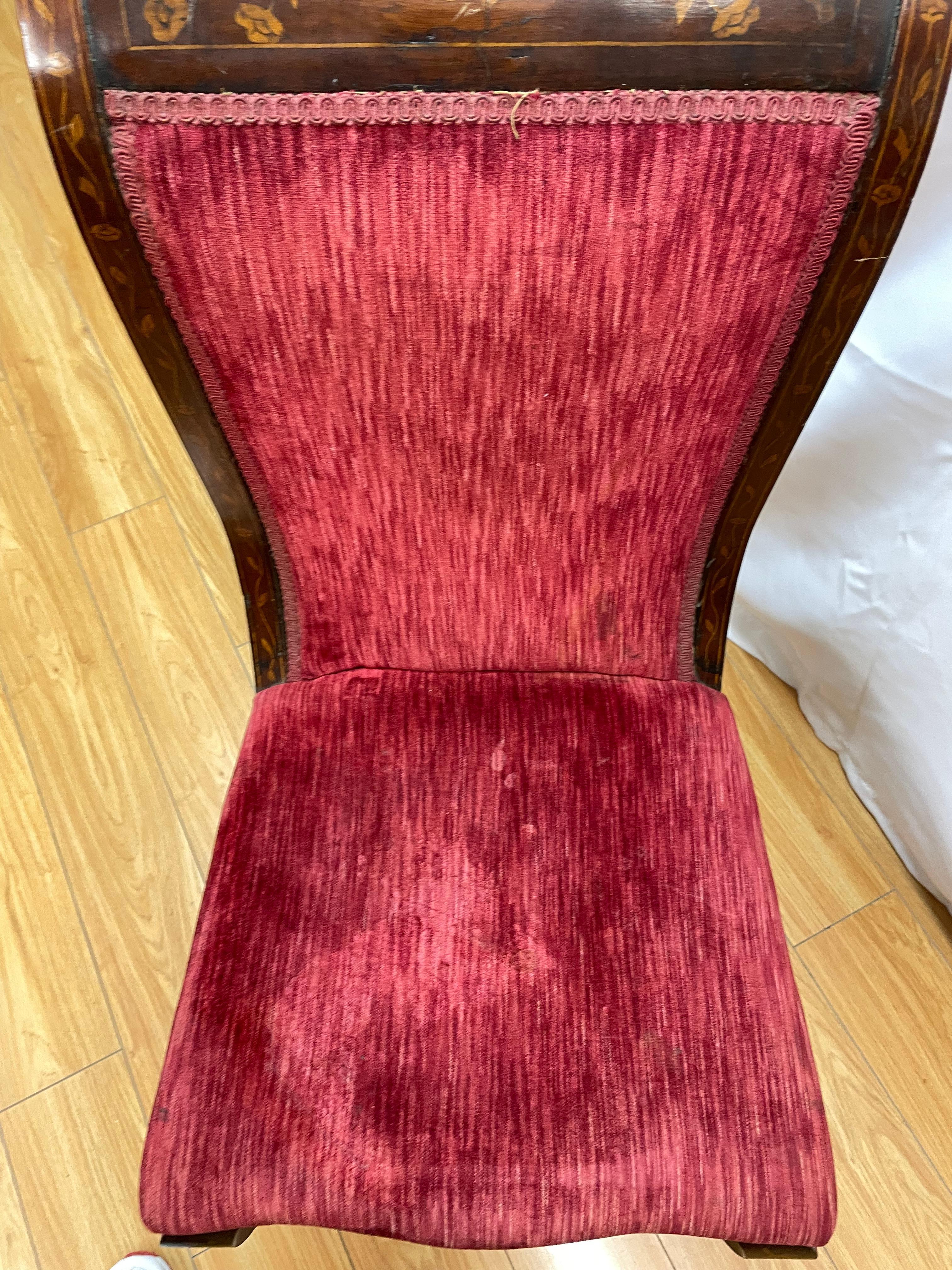 Classical red velvet upholstered and in laid desk chair In Excellent Condition For Sale In San Francisco, CA