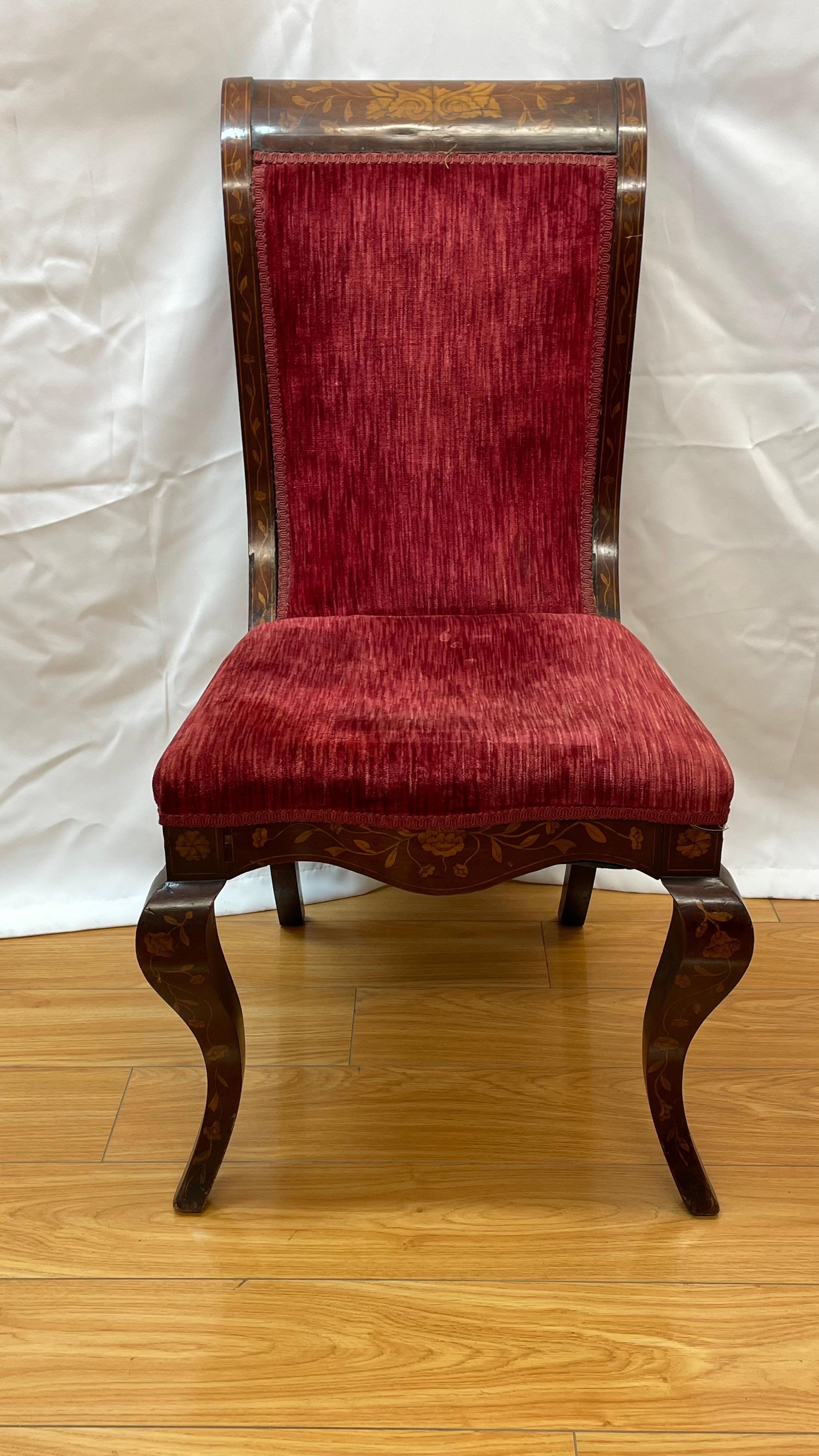 Classical red velvet upholstered and in laid desk chair For Sale 2