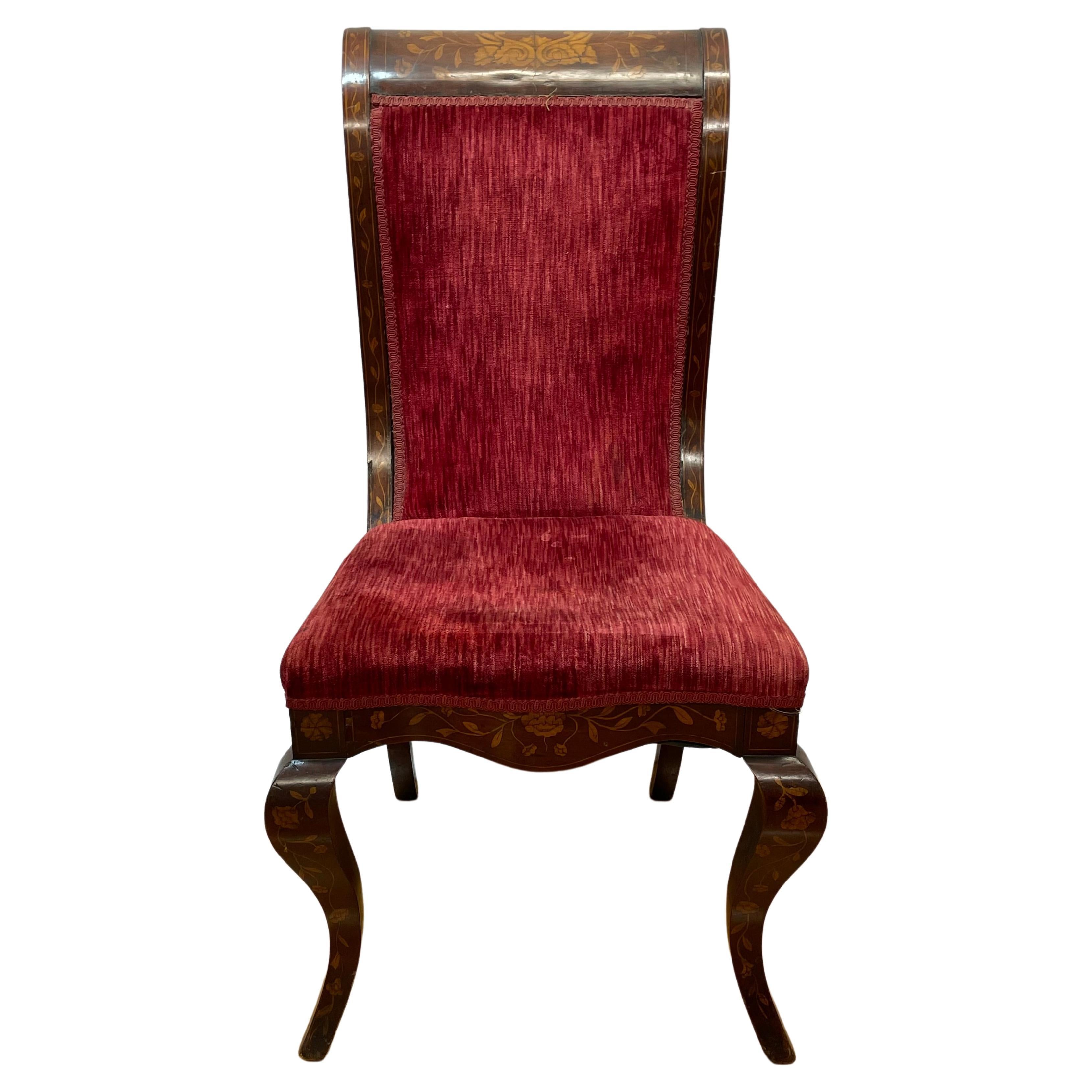 Classical red velvet upholstered and in laid desk chair For Sale