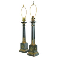 Antique Classical Regency Style Tole Painted Column Lamps