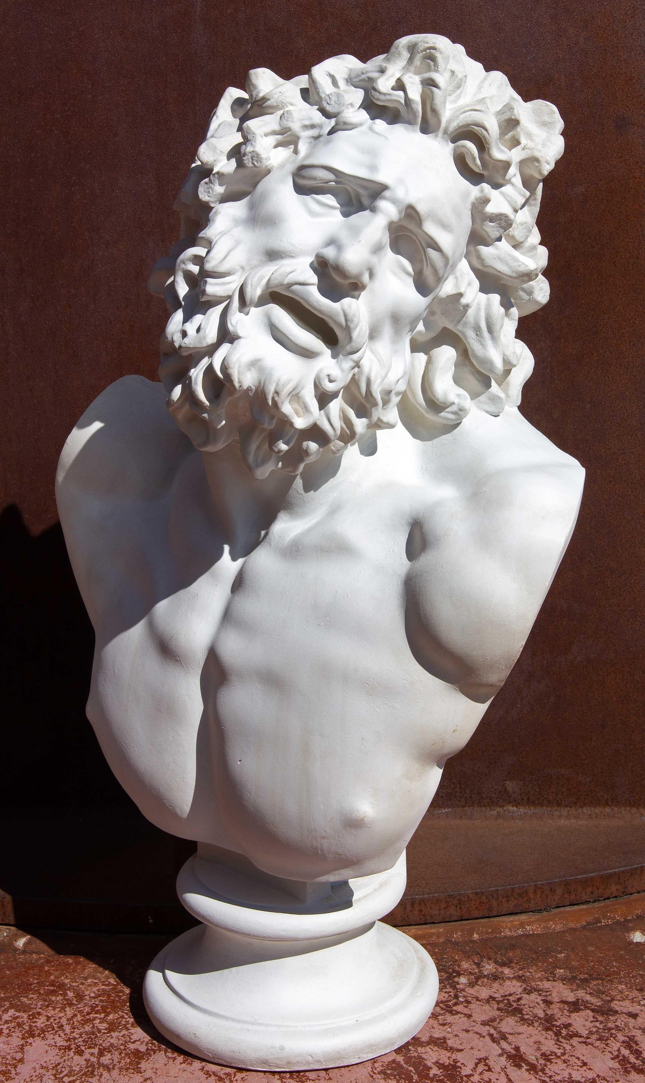 Renaissance classical bust of Laocoön  after the ancient Greek sculpture. Larger than life. Painted plaster, 20th century. Measures: 30