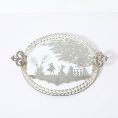 Classical Reversed Etched Mirrored Tray w/ Pastoral Scene & Twisted Glass Border