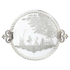 Classical Reversed Etched Mirrored Tray w/ Pastoral Scene & Twisted Glass Border