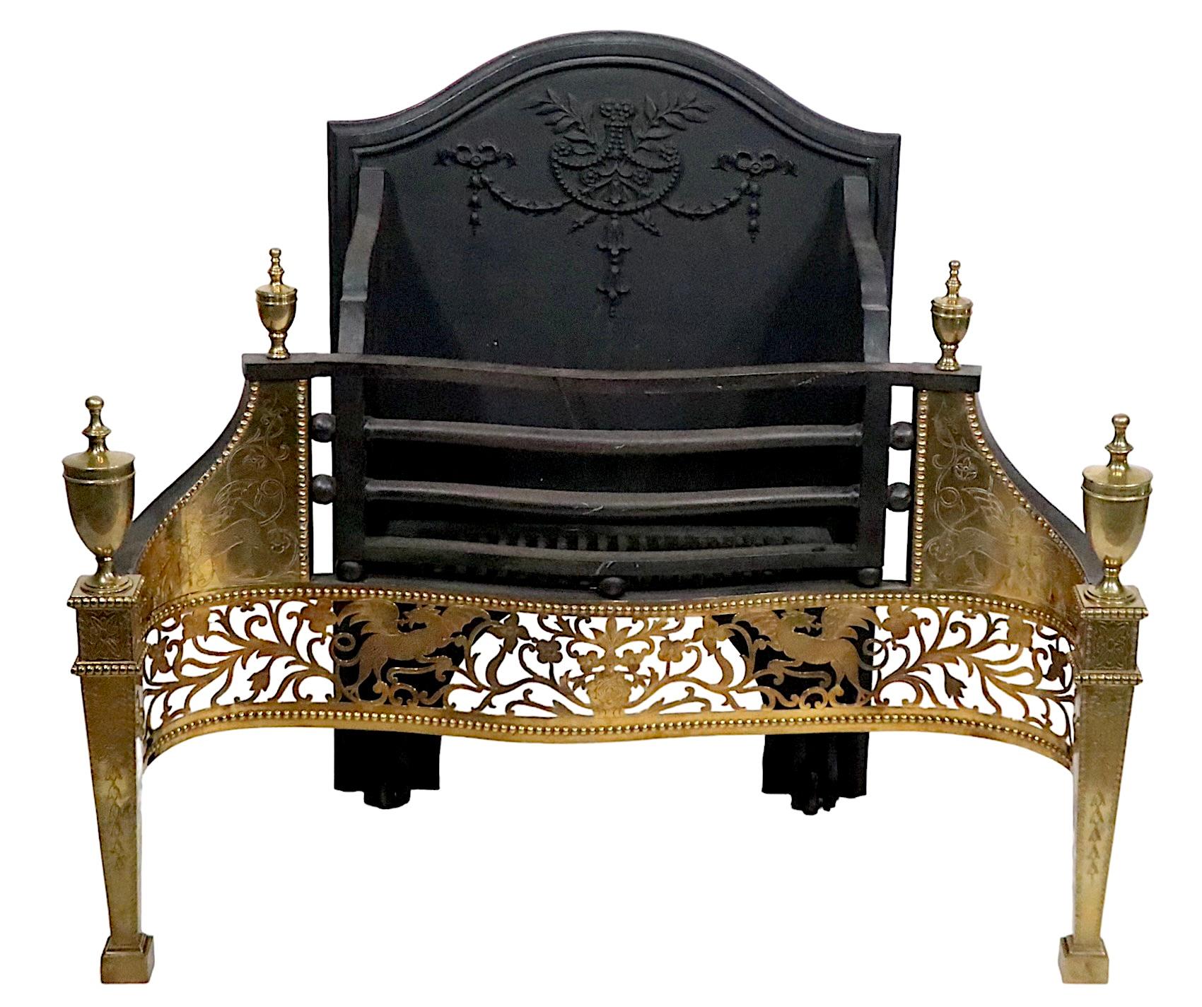 Neoclassical Revival Classical Revival English Hoole Cast Iron and Brass Fireplace Coal Grate Insert 