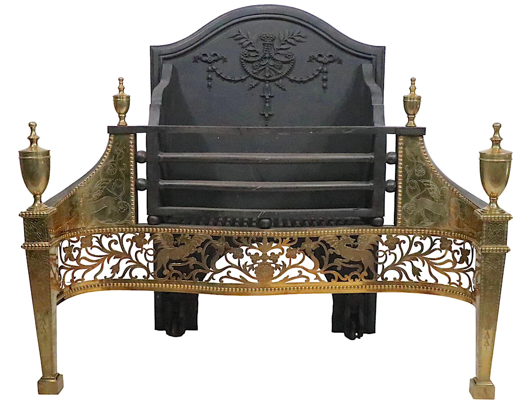 British Classical Revival English Hoole Cast Iron and Brass Fireplace Coal Grate Insert 