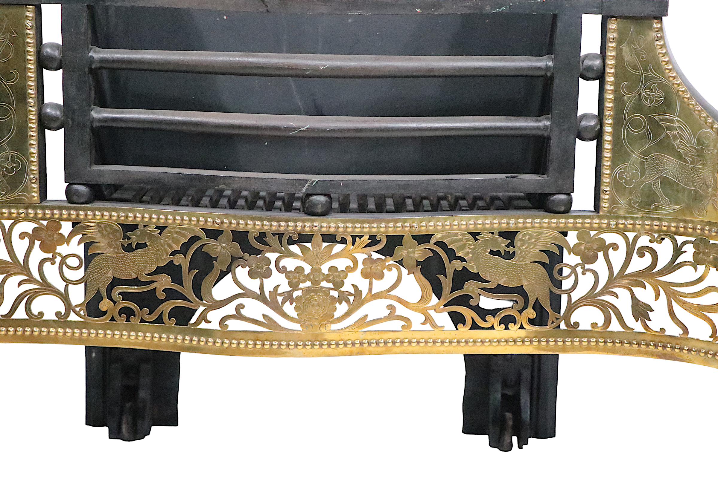 19th Century Classical Revival English Hoole Cast Iron and Brass Fireplace Coal Grate Insert 