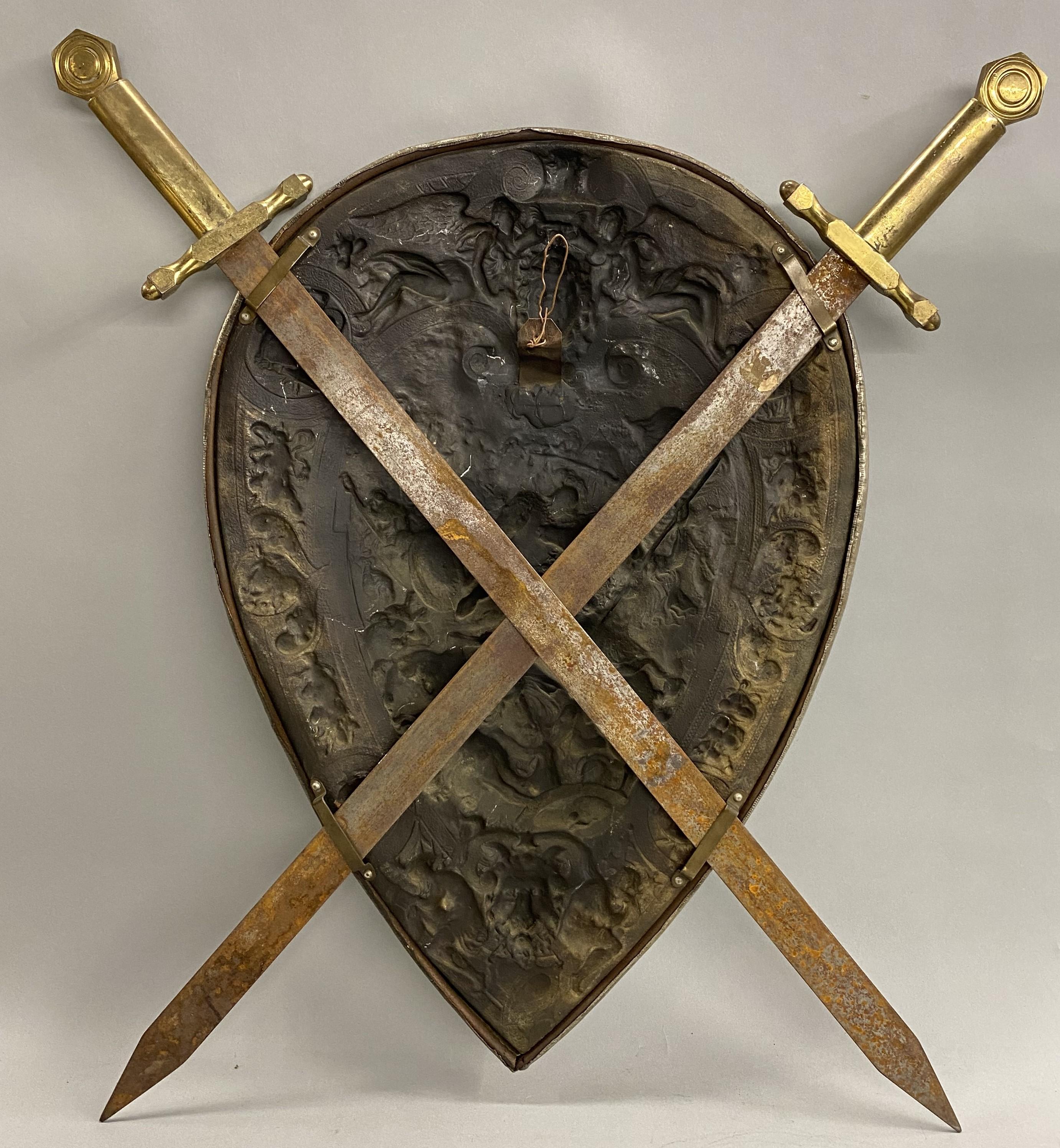Metal Classical Revival Pair of Ceremonial Swords & Shield For Sale
