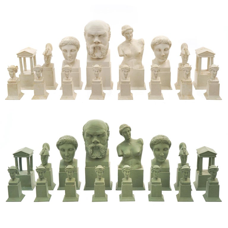 Attributed Austrian, circa 1880s. Beautifully detailed parian figures of gods, goddesses and temples are the theme of this classic chess set. Perfect to play chess with or brilliant randomly distributed in a decor. Excellent condition.

Remark: