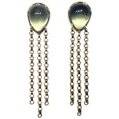 Classical Roman 18kt Gold Dangle Earrings set with Prehnite Cabochons