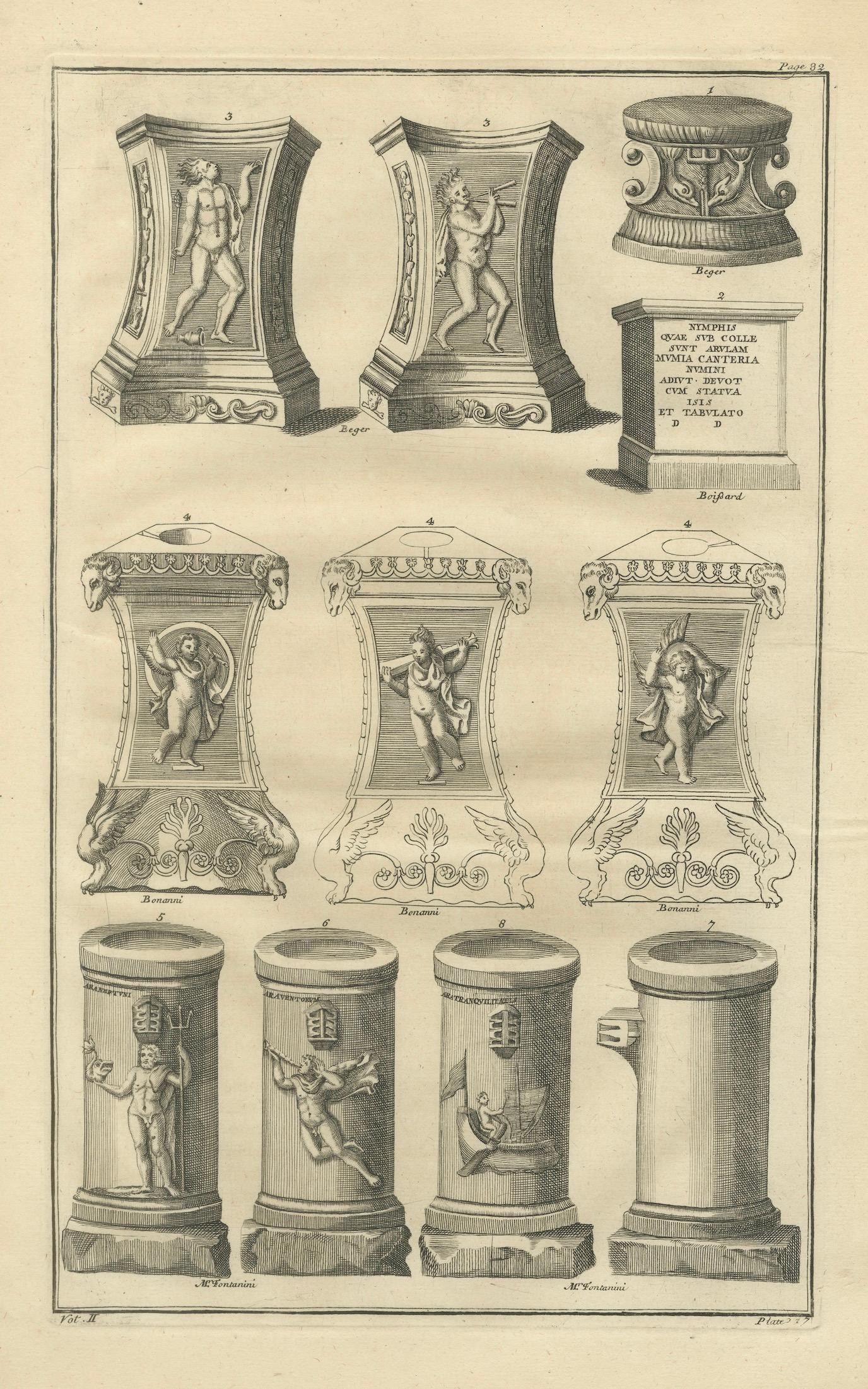 Classical Roman Altars & Antiquities Engraving, Montfaucon 1721