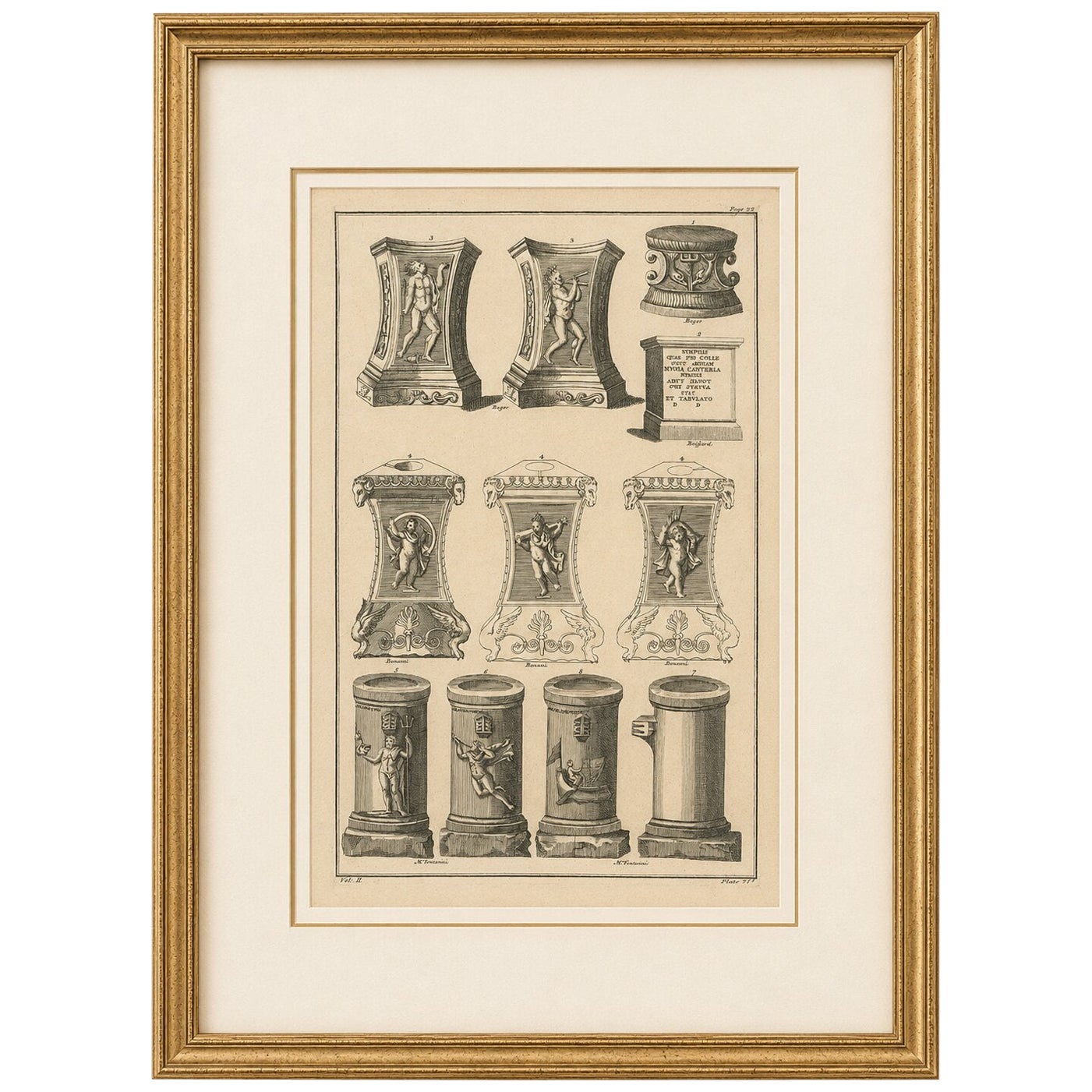 Classical Roman Altars & Antiquities Engraving, Montfaucon 1721