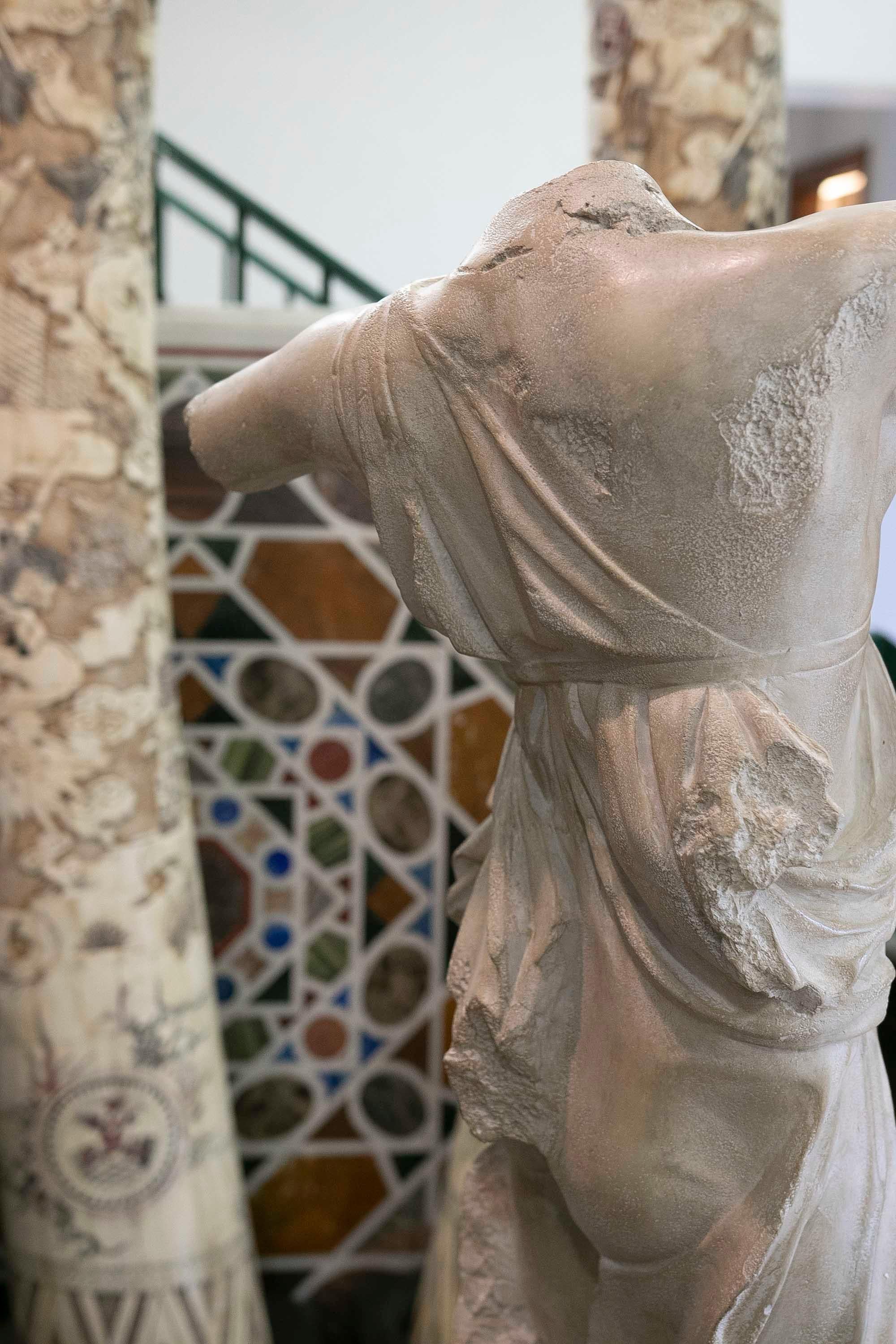 Classical Roman Female Dancing Torso in Resin Imitating Marble on Iron Pedestal 6