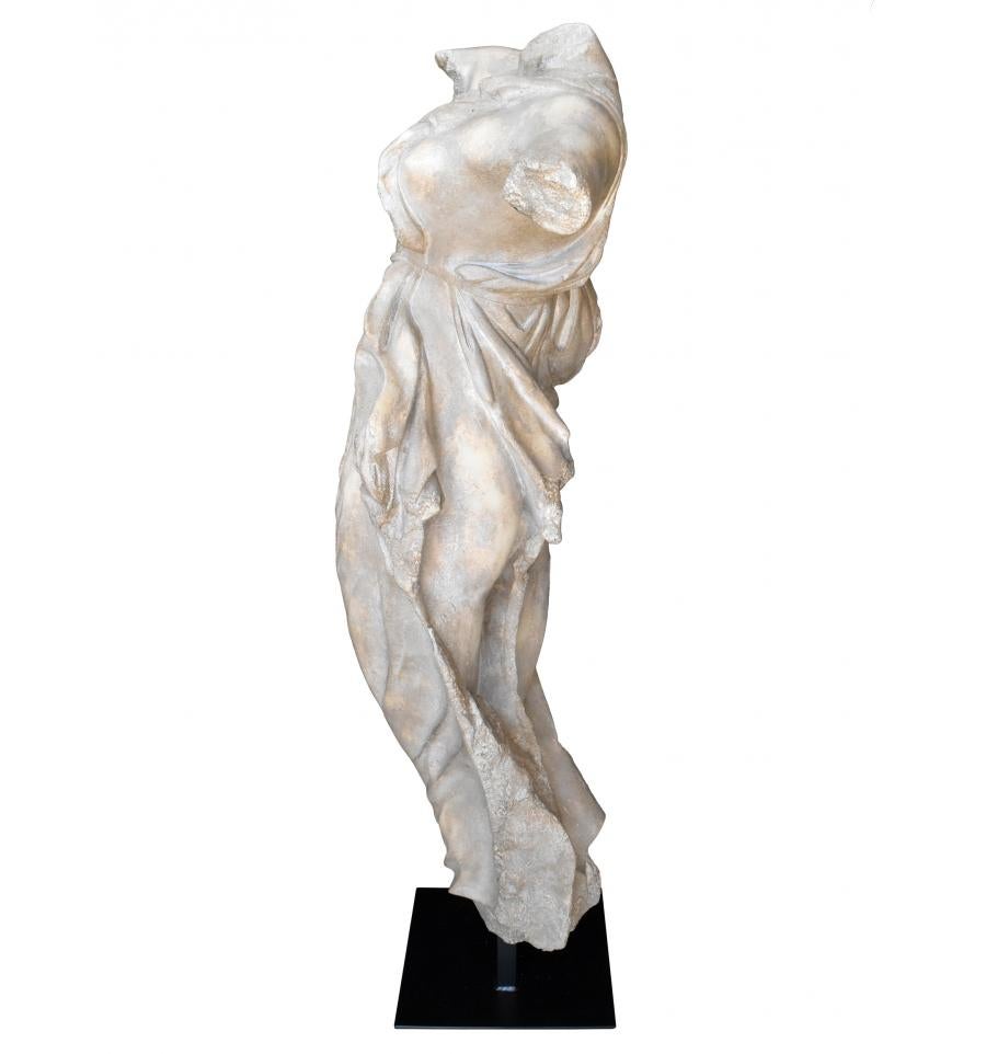 French Classical Roman Female Dancing Torso in Resin Imitating Marble on Iron Pedestal