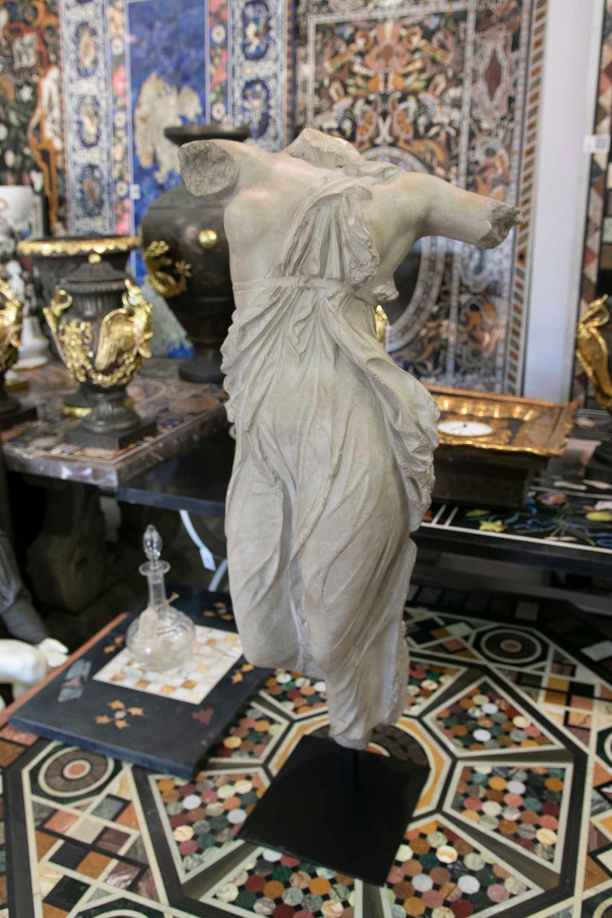 French Classical Roman Female Dancing Torso in Resin Imitating Marble on Iron Pedestal