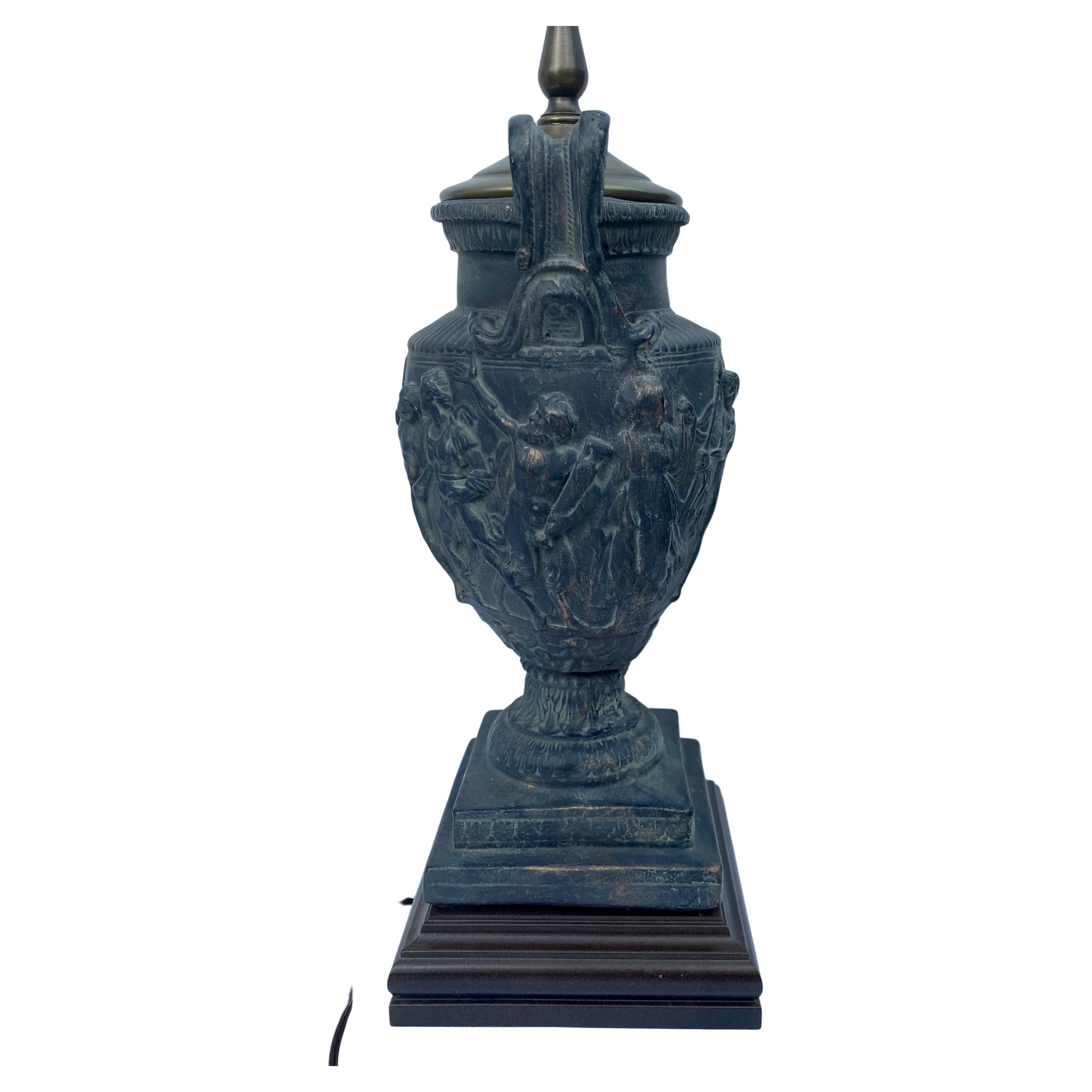Wood Classical Roman Figural Plaster Urn Vase Table Lamp For Sale