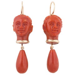 Classical Roman Head Coral Gold Earrings