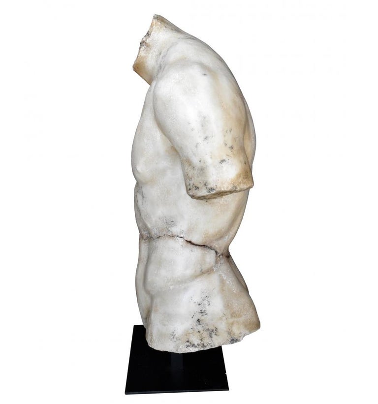 French Classical Roman Torso in Resin Imitating Marble on Iron Pedestal