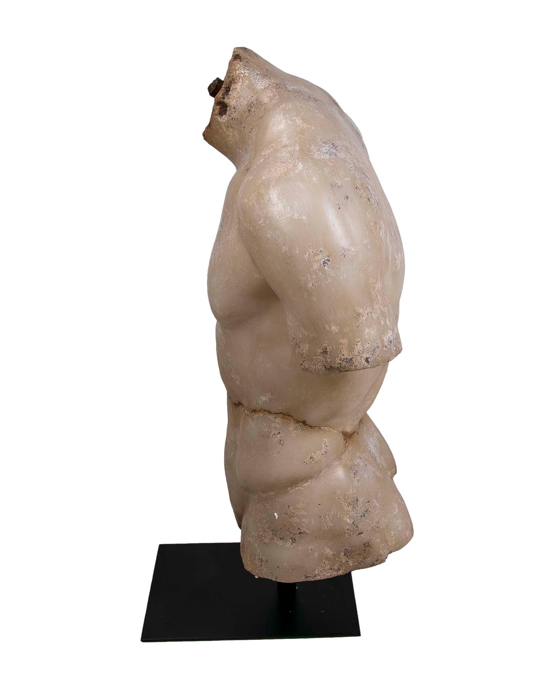 Contemporary Classical Roman Torso in Resin Imitating Marble on Iron Pedestal